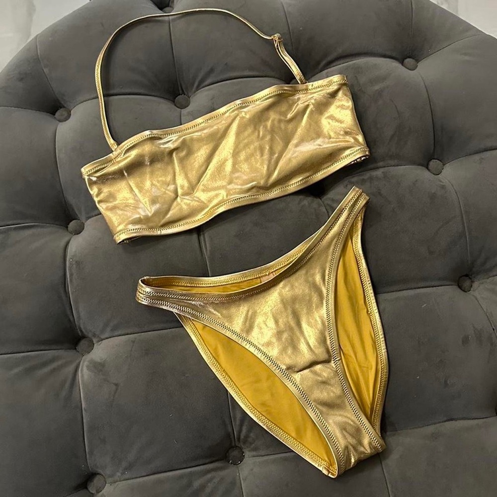 Skims Gold Metallic Swim Dipped Bottoms and Bandeau Bikini Top Set